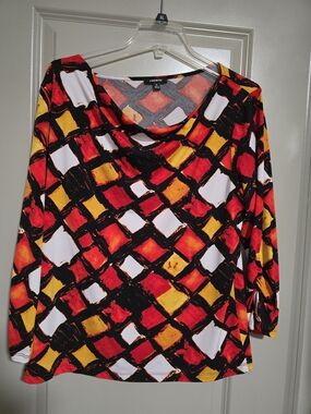 Premise Black, Red & Yellow Geometric 3/4 Sleeve Top